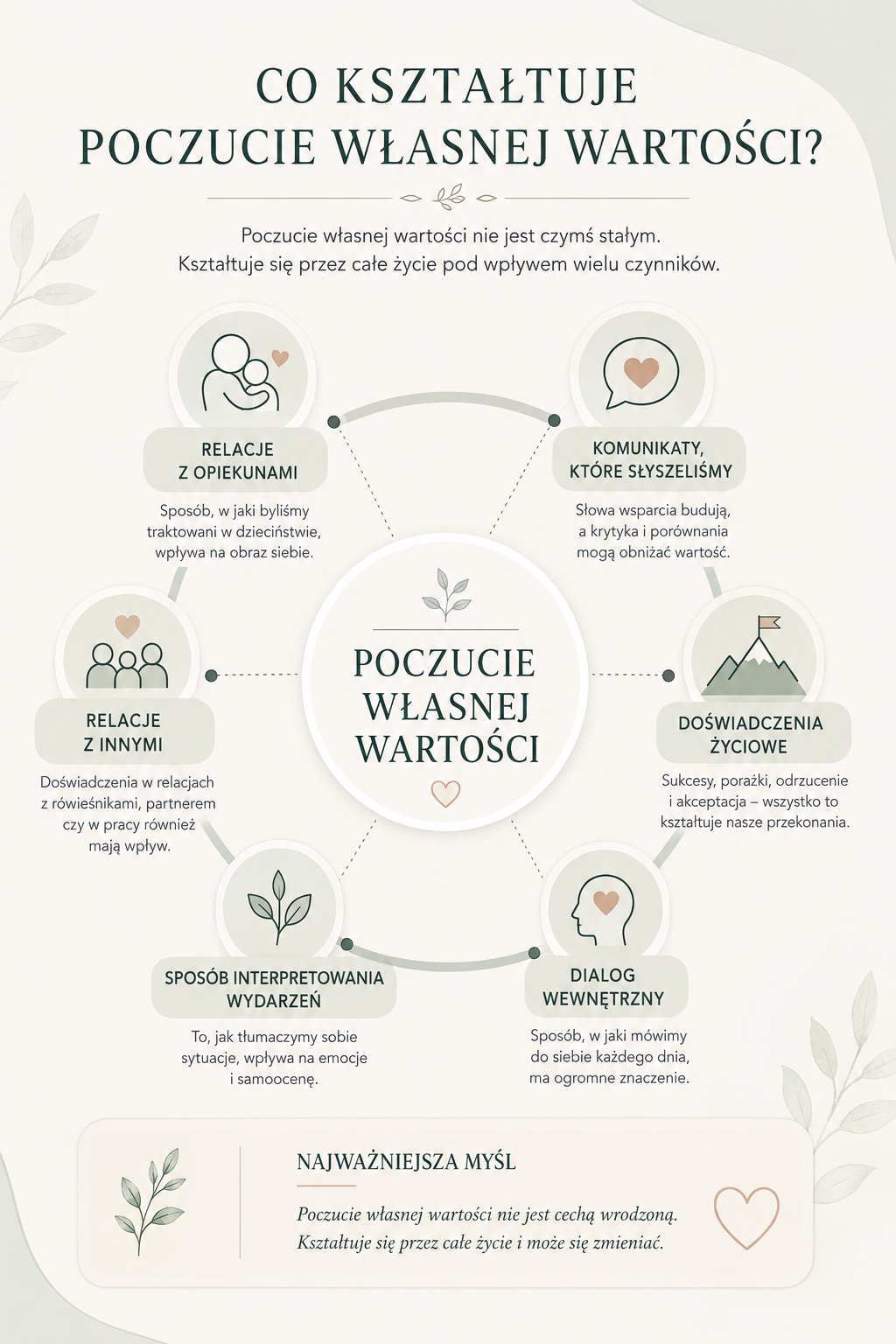 Infografika przedstawiająca czynniki kształtujące poczucie własnej wartości: relacje z opiekunami, komunikaty, doświadczenia życiowe, relacje z innymi, sposób interpretowania wydarzeń i dialog wewnętrzny